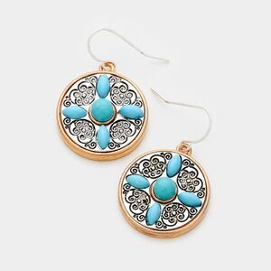 5/$25 Round Turquoise (Faux) Antique Silver & Copper Earrings